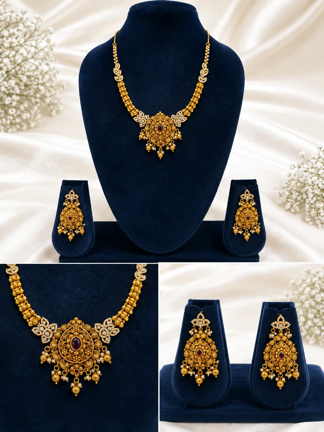 RUBY STONE AND AD NECKLACE WITH EARRINGS