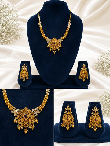 RUBY STONE AND AD NECKLACE WITH EARRINGS