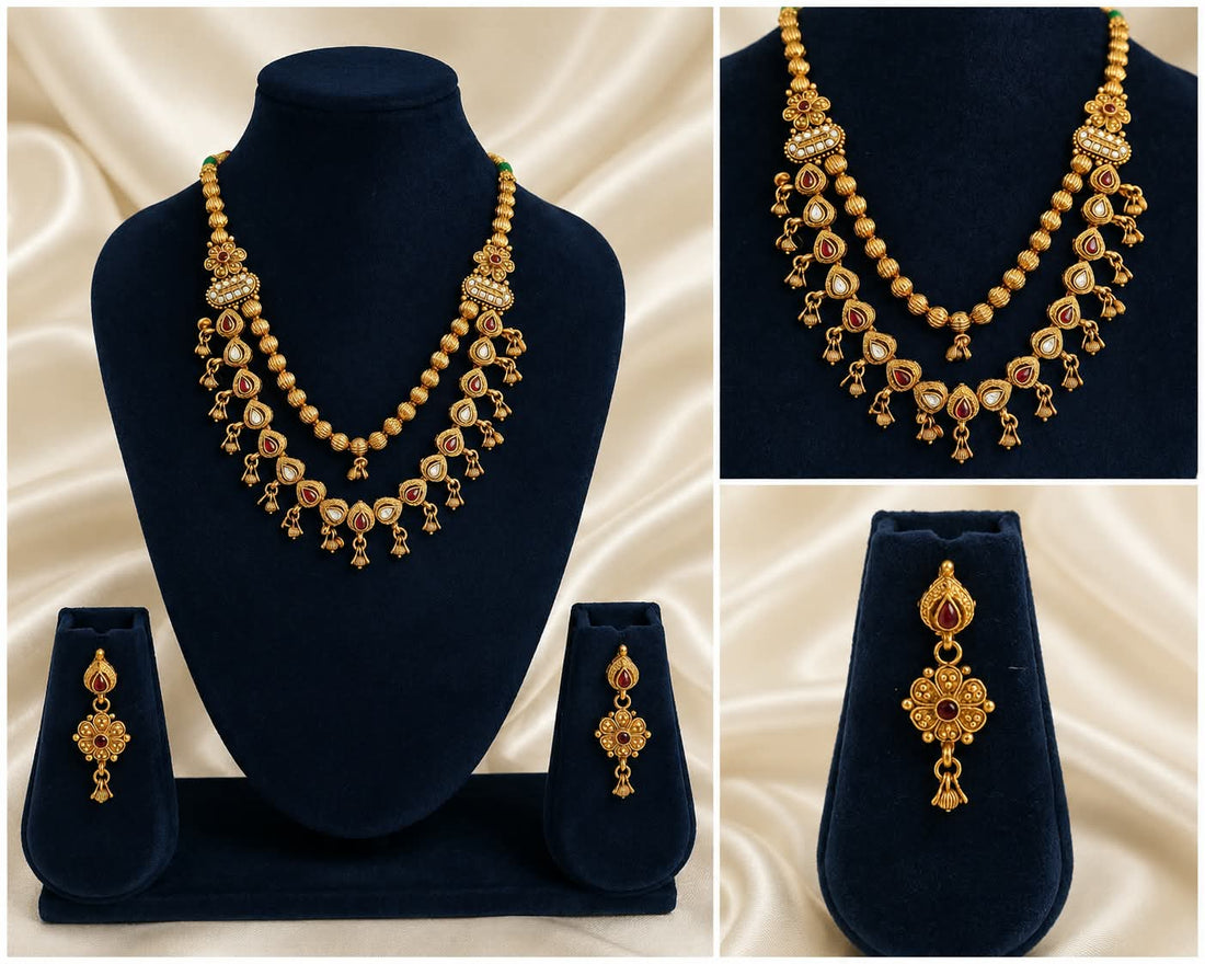 DOUBLE LAYERED RUBY AND WHITE STONE NECKLACE WITH EARRINGS