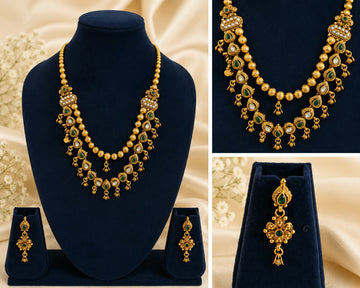 DOUBLE LAYERED RUBY AND WHITE STONE NECKLACE WITH EARRINGS