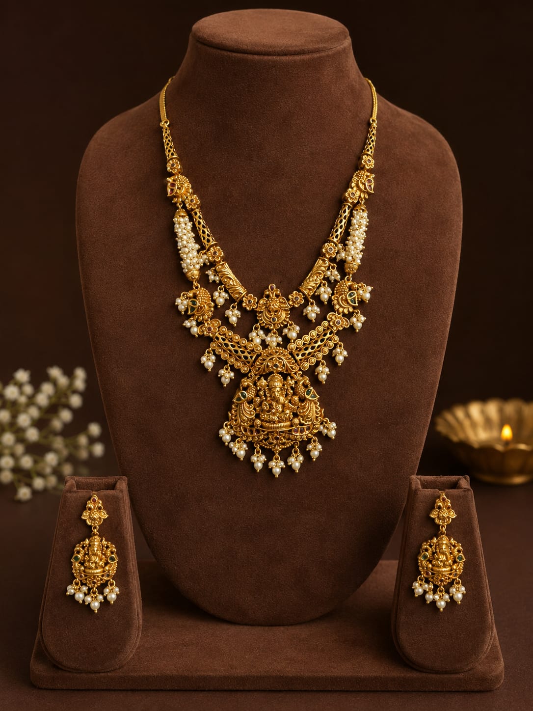 Two Layer Ganapathy Haram With Pearl Beads And Earrings