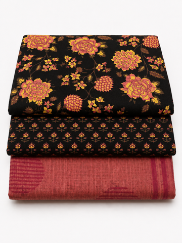 Twilight Rose Unstitched Cotton Dress Material With Kota Doriya Shawl