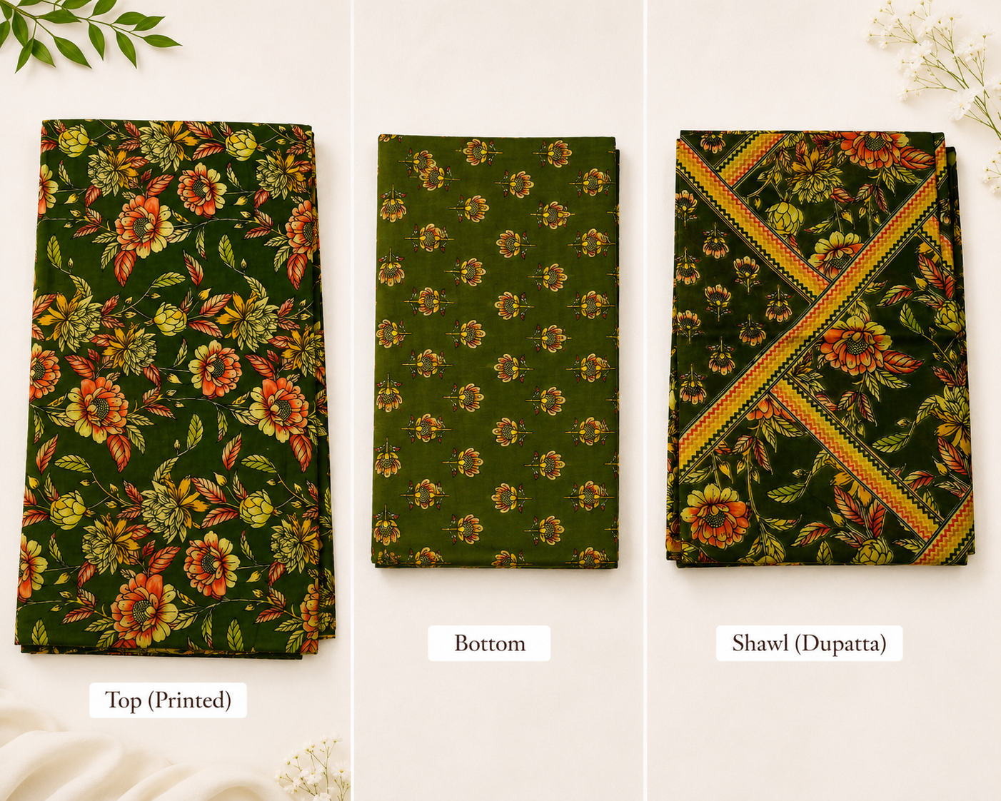 OLIVE BLOSSOM COTTON UNSTITCHED DRESS MATERIAL WITH COTTON SHAWL