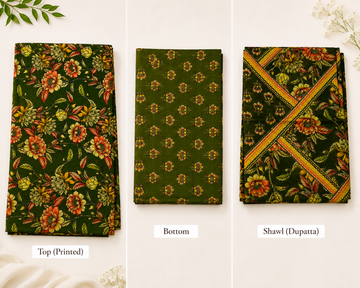 OLIVE BLOSSOM COTTON UNSTITCHED DRESS MATERIAL WITH COTTON SHAWL