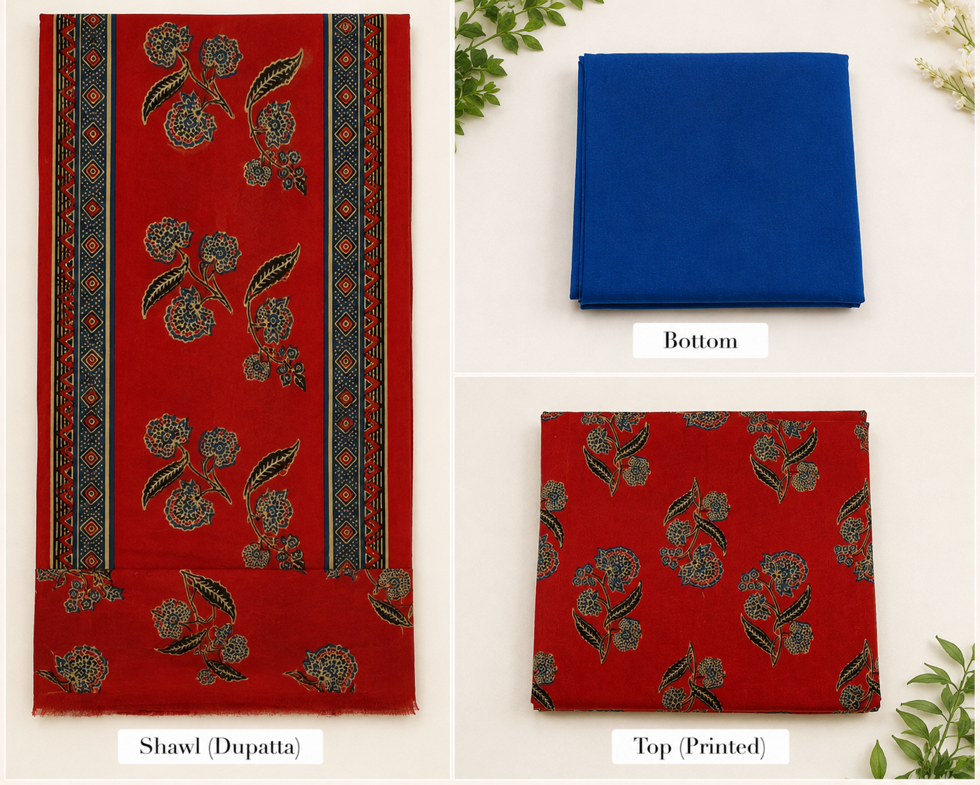 RUST AND ROYAL BLUE COTTON UNSTITCHED DRESS MATERIAL WITH COTTON SHAWL