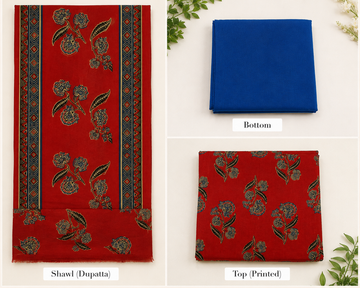 RUST AND ROYAL BLUE COTTON UNSTITCHED DRESS MATERIAL WITH COTTON SHAWL