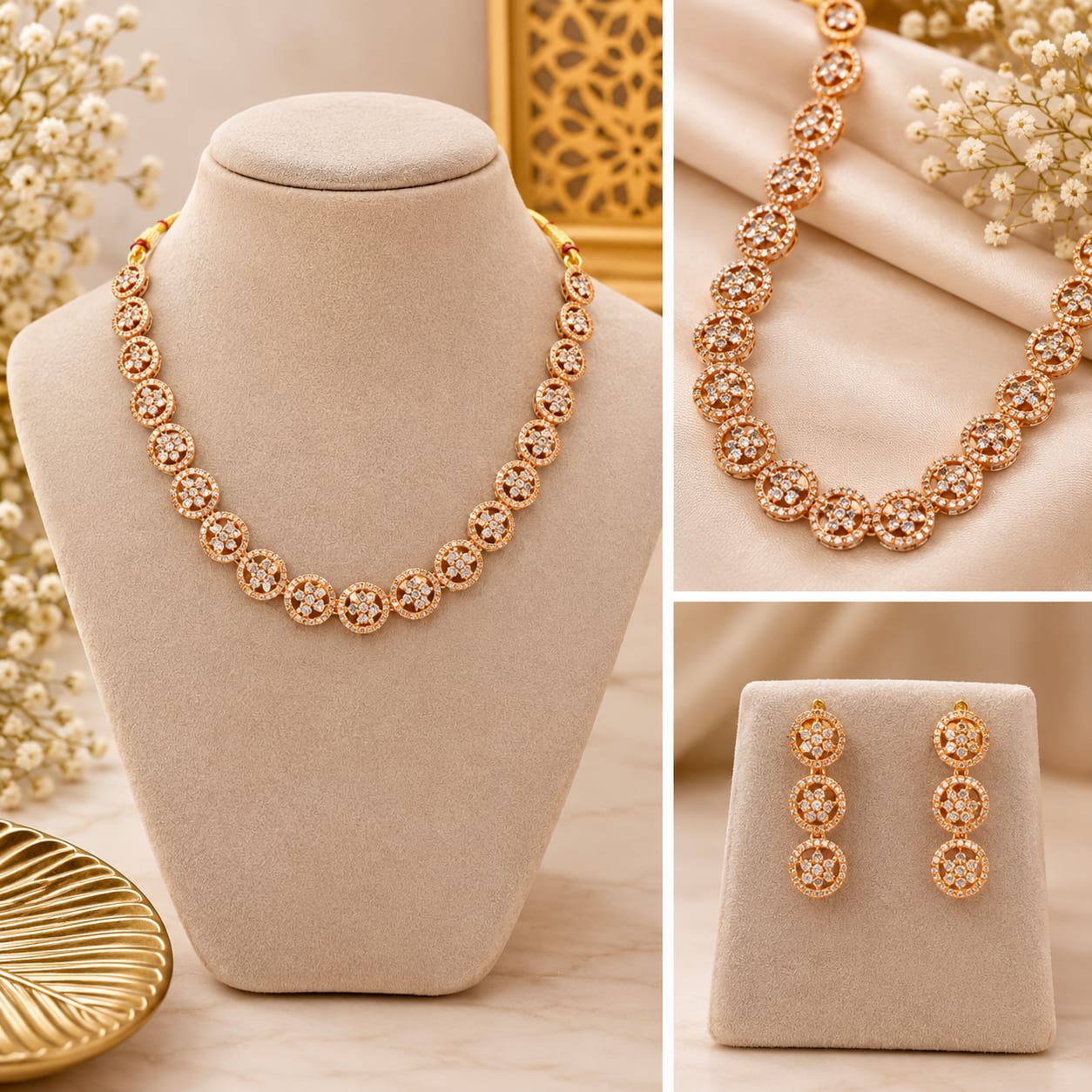 Rose Gold AD Flower Design Choker With Earrings