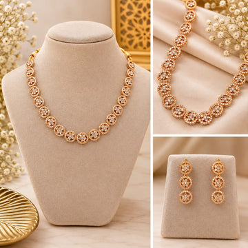 Rose Gold AD Flower Design Choker With Earrings