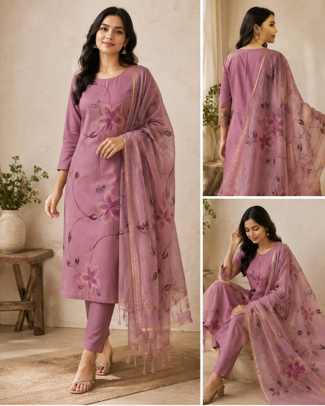 MAUVE MELODY COTTON UNSTITCHED SUIT WITH KOTA DORIYA SHAWL