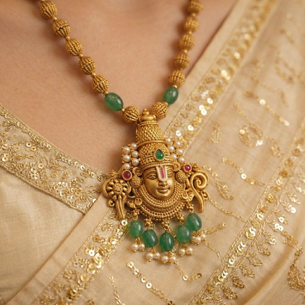 Gundu Mala Thirupathy Pendant Green Beads