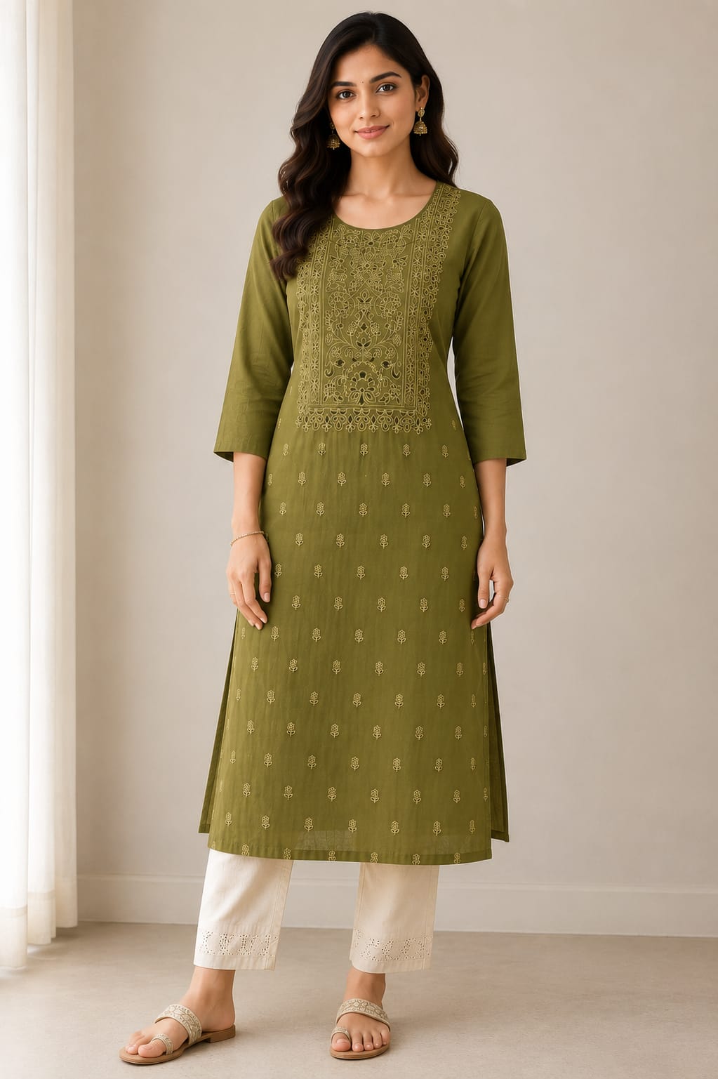 Olive Green Roman Silk Kurta
