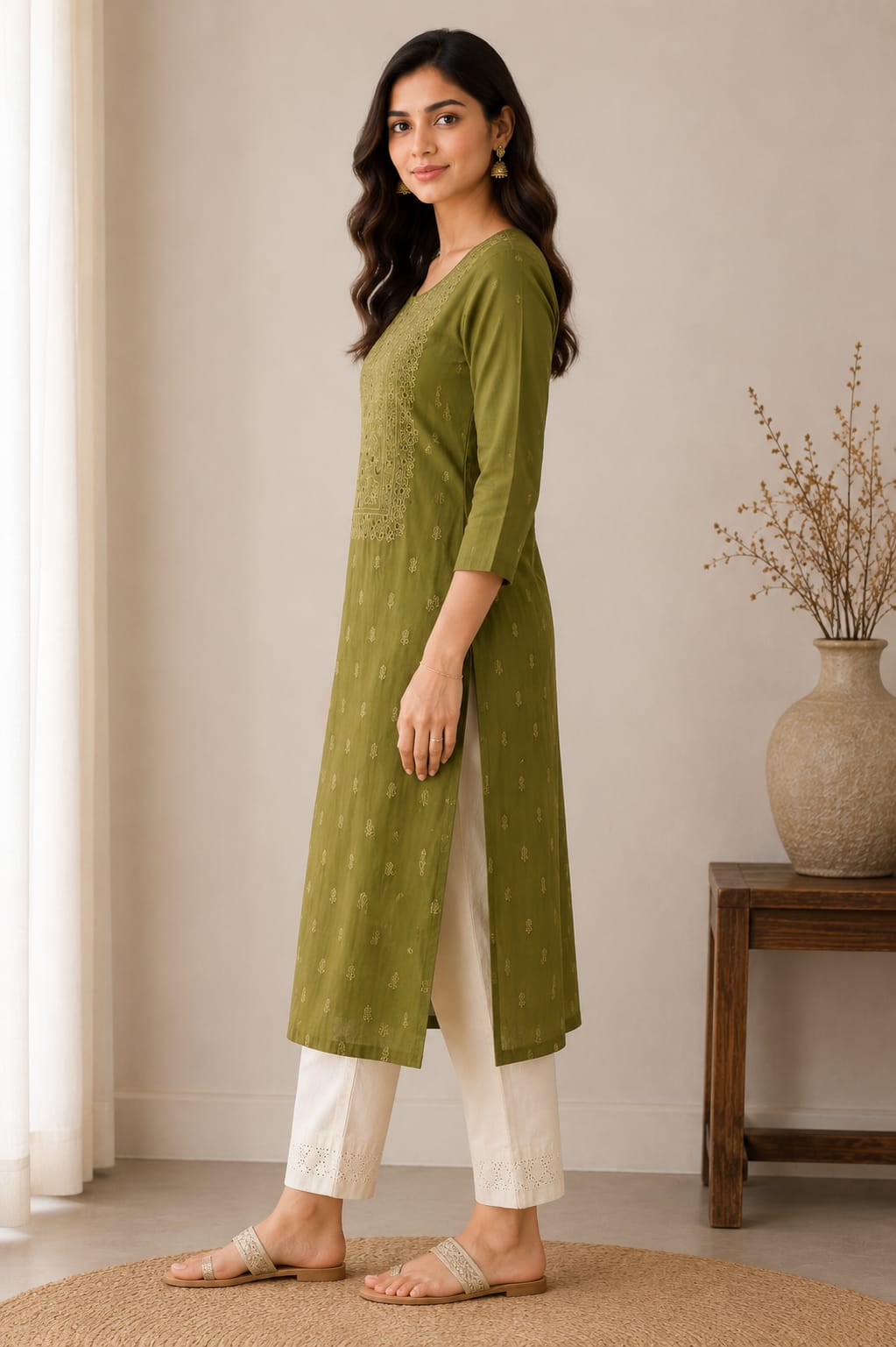 Olive Green Roman Silk Kurta