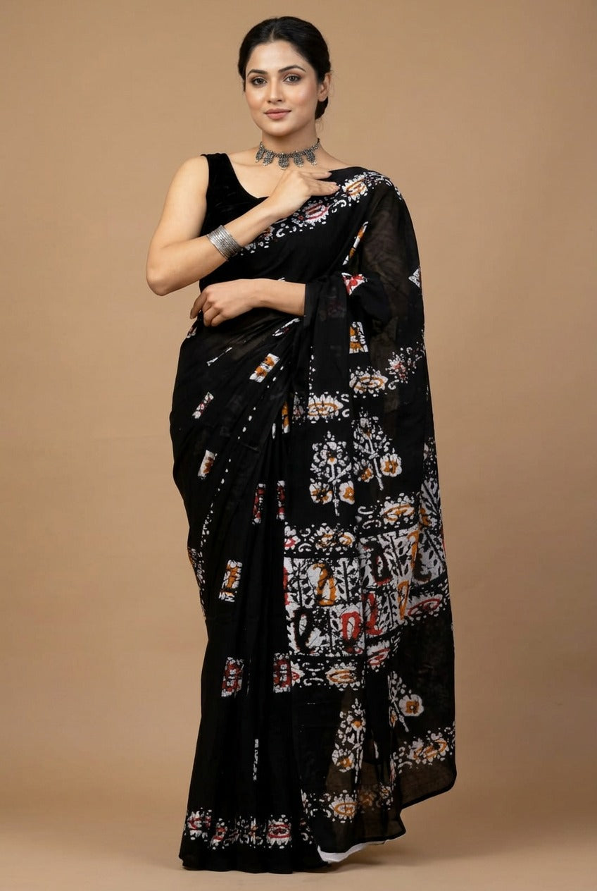 Greyish Black Batik Print Cotton Saree