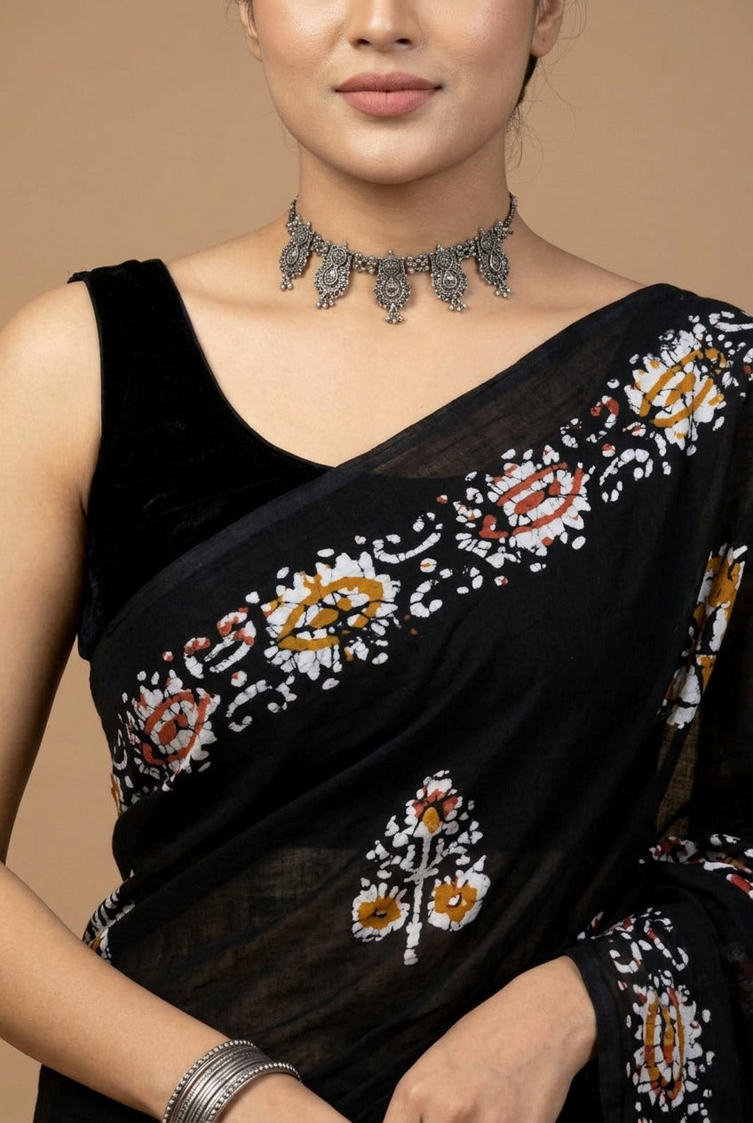 Greyish Black Batik Print Cotton Saree