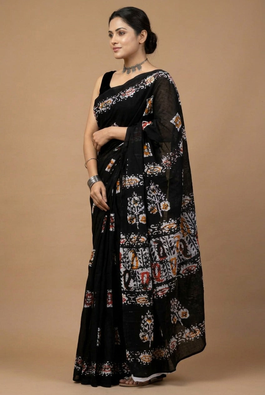 Greyish Black Batik Print Cotton Saree