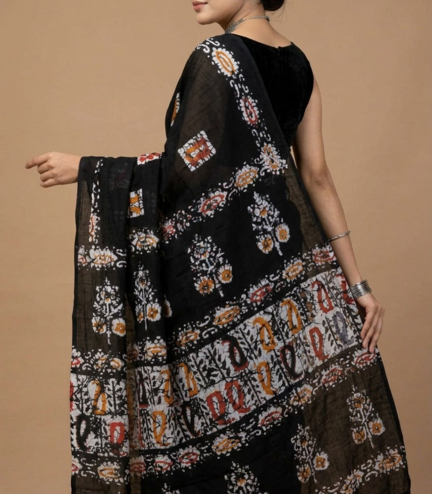 Greyish Black Batik Print Cotton Saree