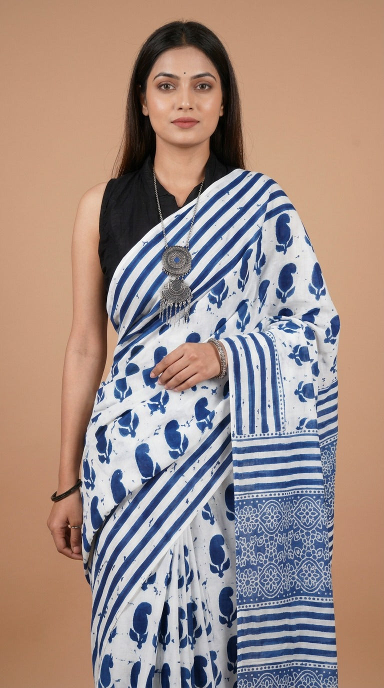 Indigo Mango Cotton Saree