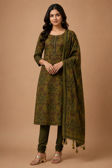 Olive Petal Rayon Unstitched Suits