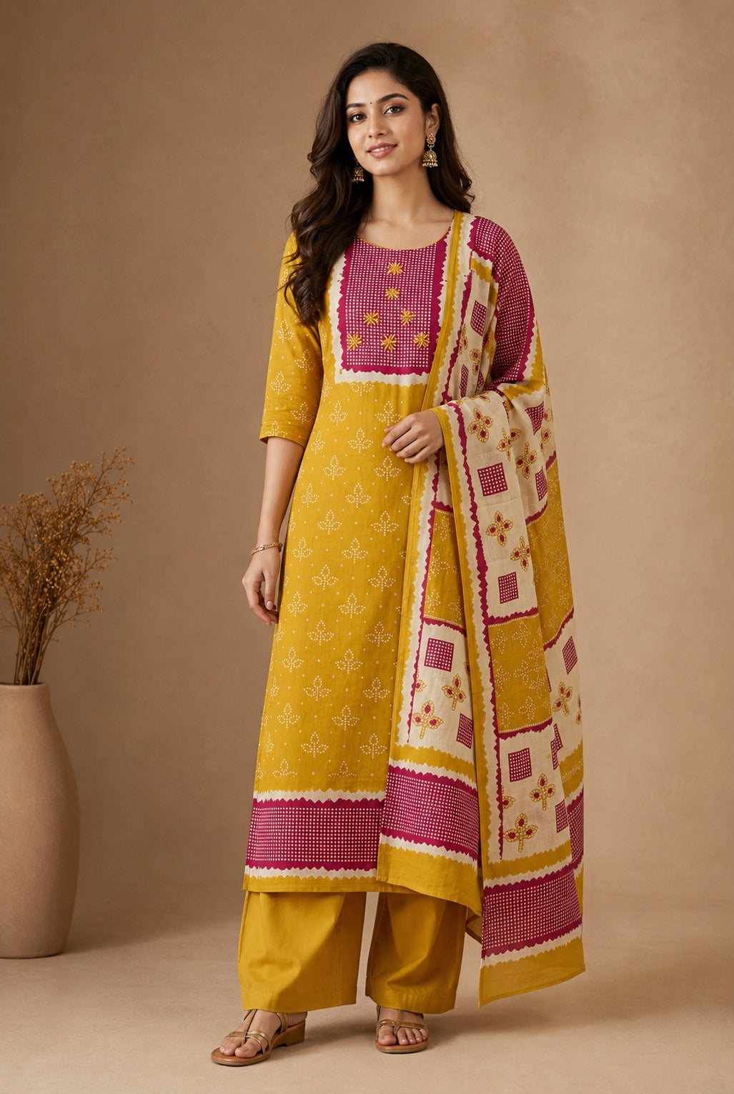 Yellow Bandini Print Cotton Unstitched Suits