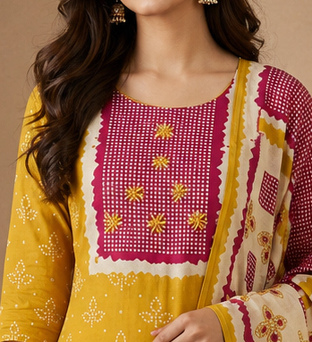 Yellow Bandini Print Cotton Unstitched Suits