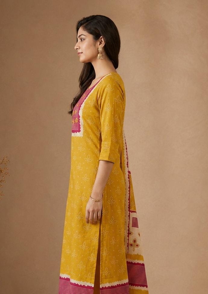 Yellow Bandini Print Cotton Unstitched Suits