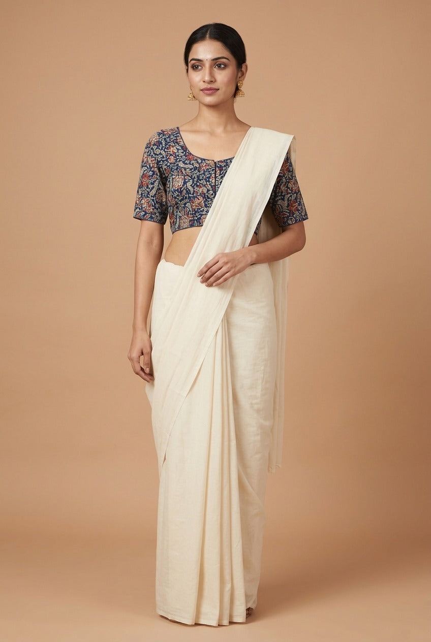 Cotton Kalamkari Blue Floral Print Blouse