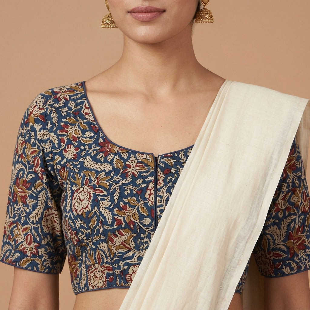 Cotton Kalamkari Blue Floral Print Blouse