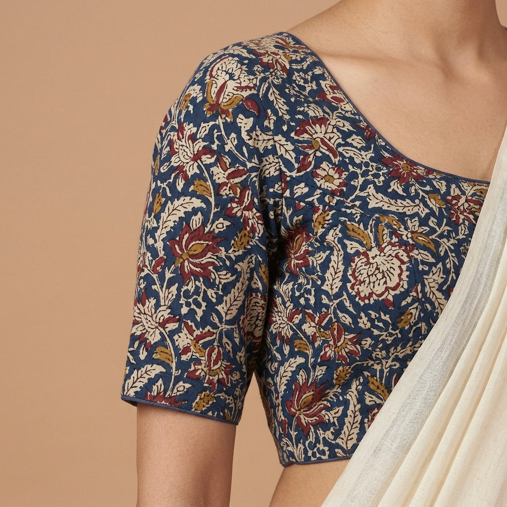 Cotton Kalamkari Blue Floral Print Blouse