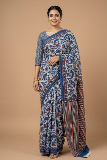 Blue Dabu Print Cotton Saree