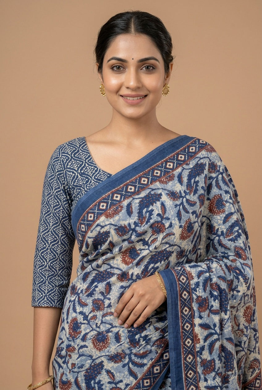 Blue Dabu Print Cotton Saree