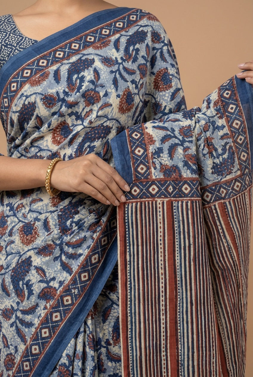 Blue Dabu Print Cotton Saree