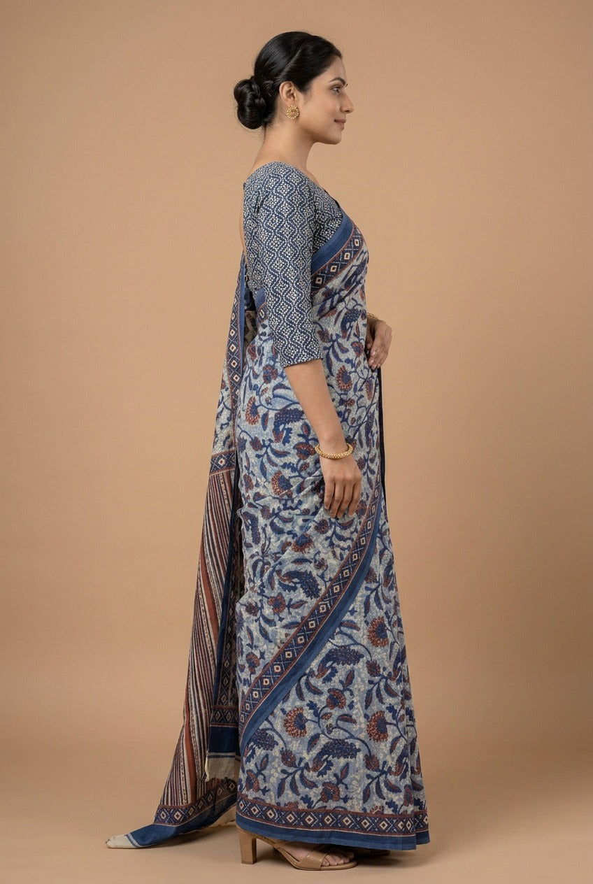 Blue Dabu Print Cotton Saree