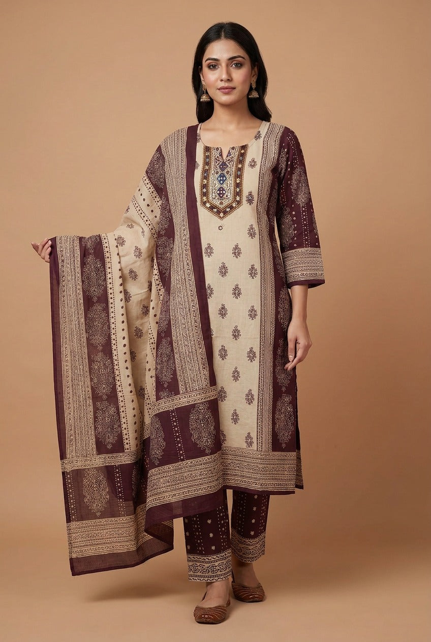 Earthy Plum Mirror Work Cotton Churidar Set