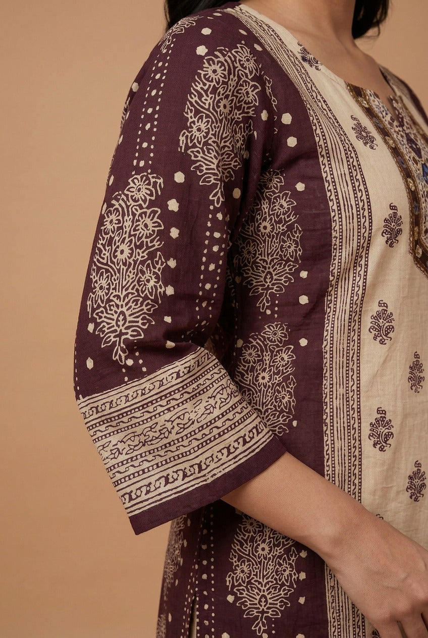 Earthy Plum Mirror Work Cotton Churidar Set