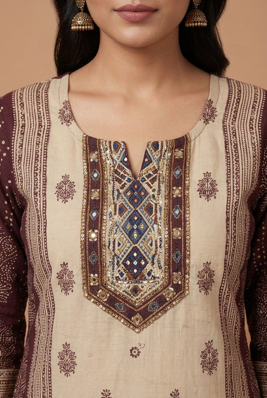 Earthy Plum Mirror Work Cotton Churidar Set