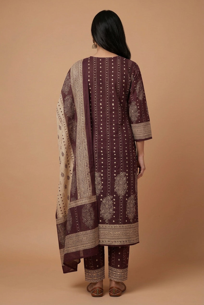 Earthy Plum Mirror Work Cotton Churidar Set