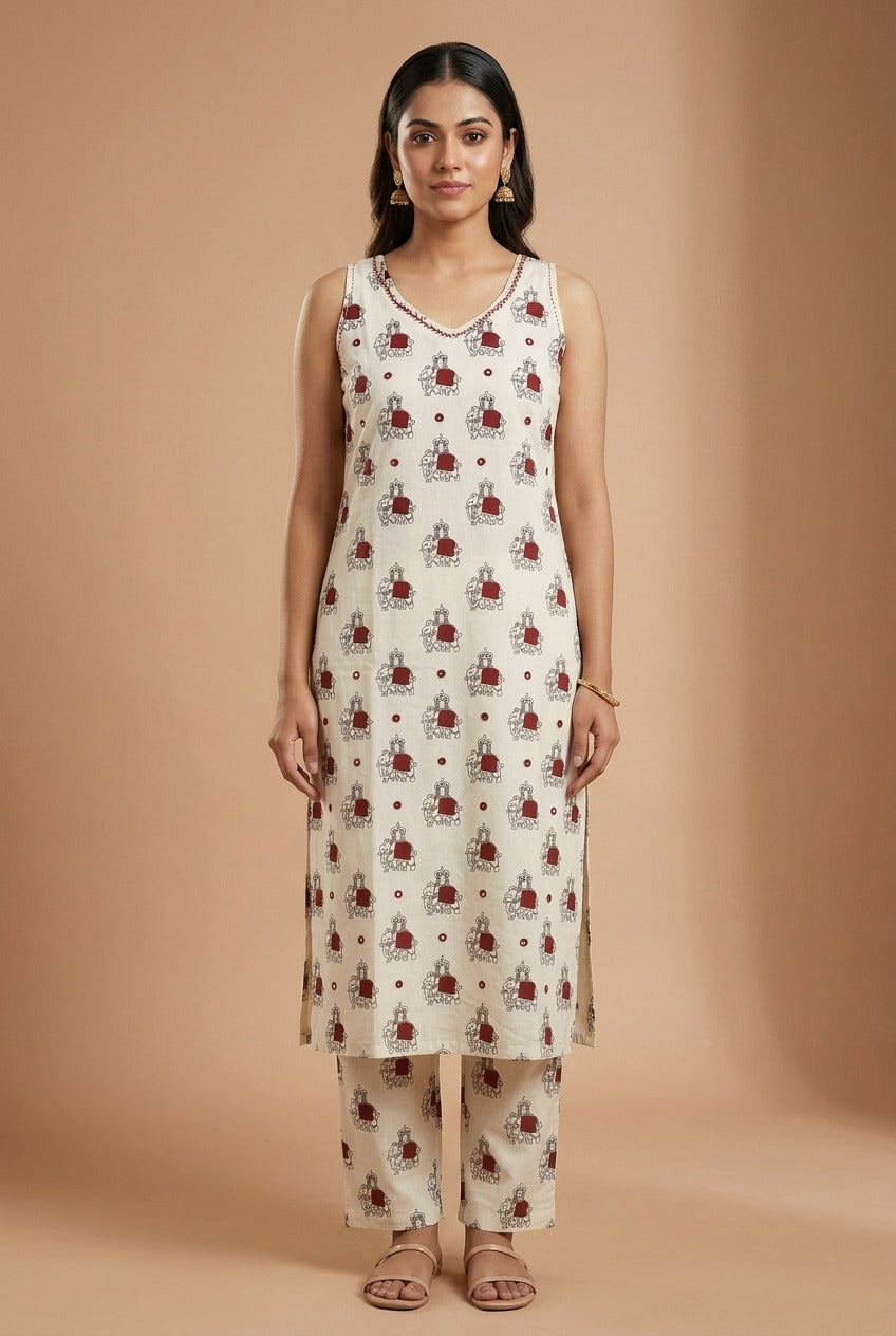 Jaipur Safari Elephant Print Co Ord Set Sleevless ( Sleeves Attached)