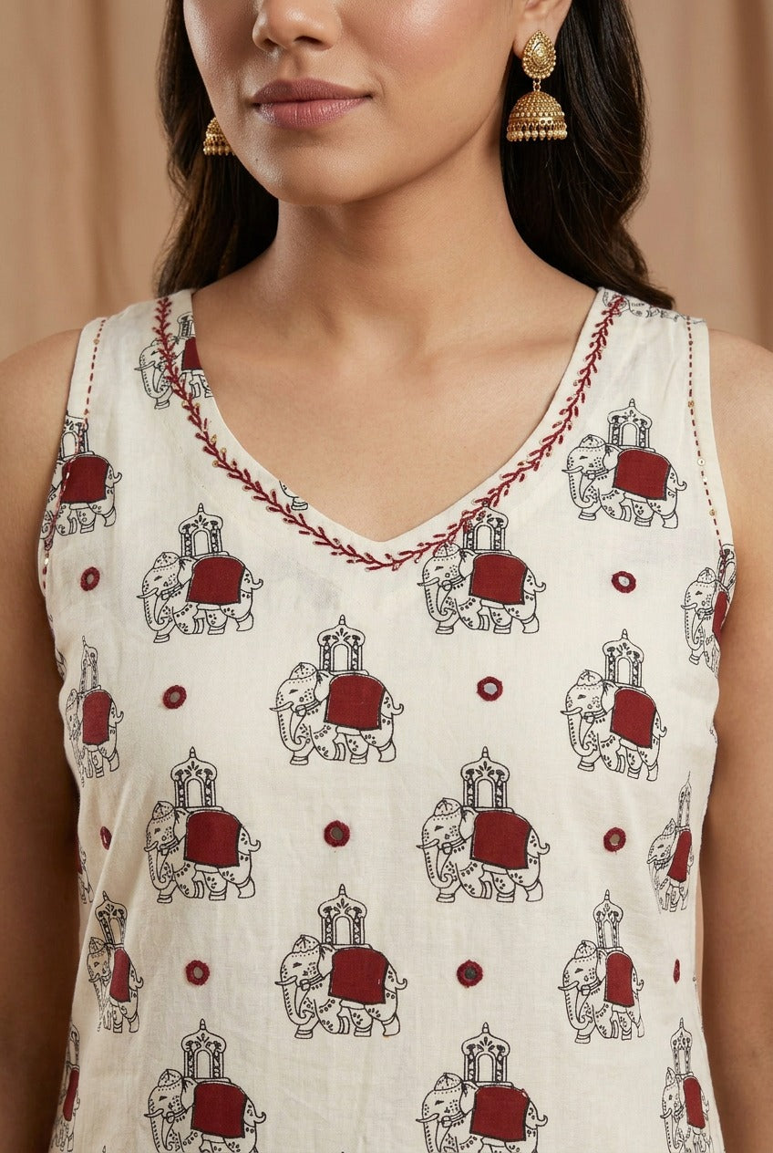 Jaipur Safari Elephant Print Co Ord Set Sleevless ( Sleeves Attached)