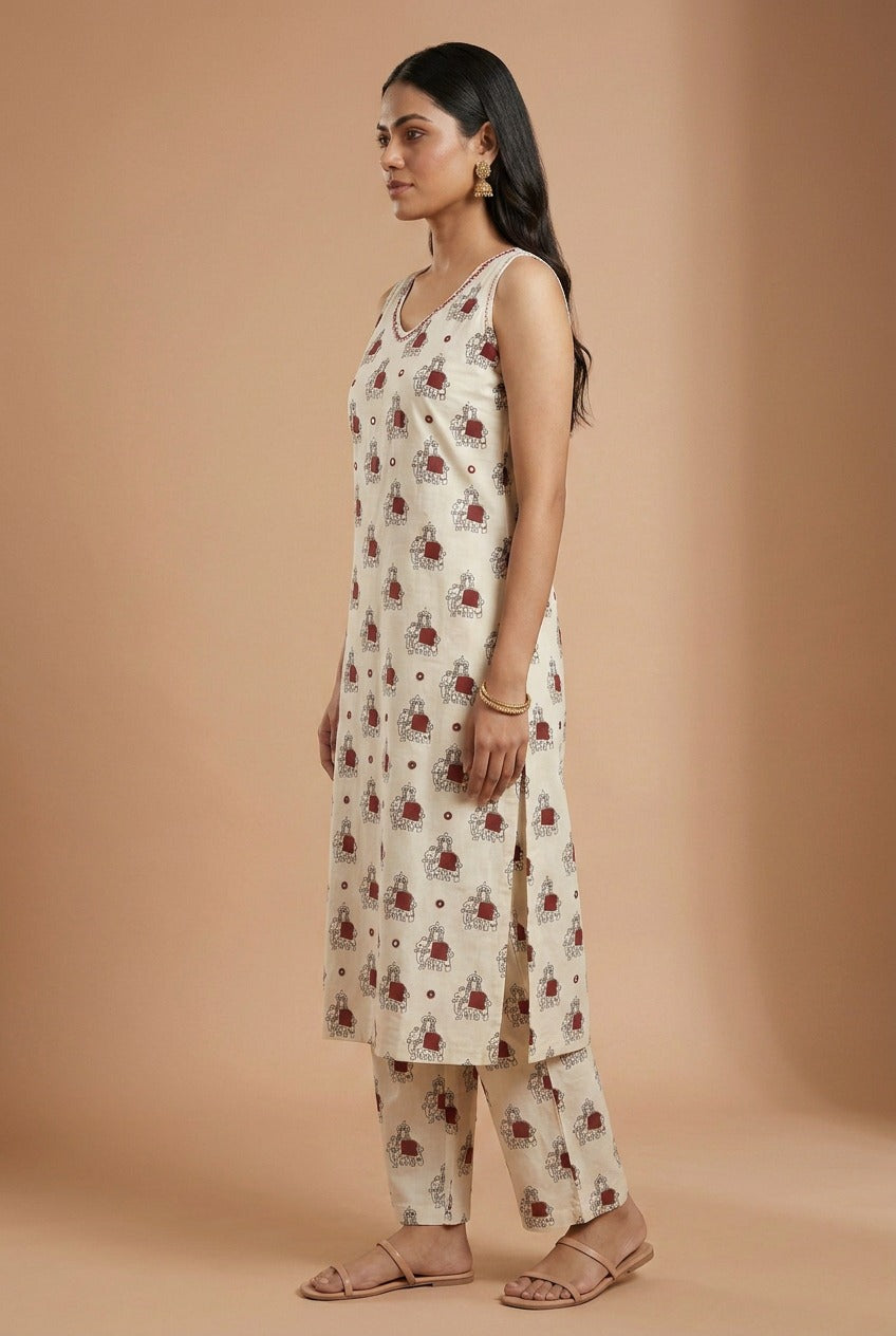 Jaipur Safari Elephant Print Co Ord Set Sleevless ( Sleeves Attached)