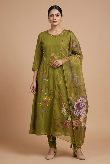 Mehendi Green Mul Chanderi Set