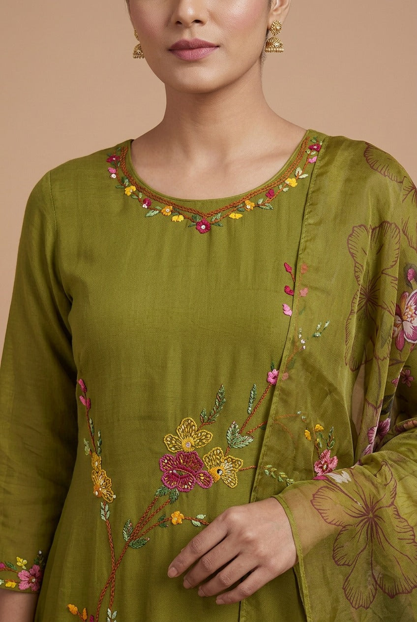 Mehendi Green Mul Chanderi Set