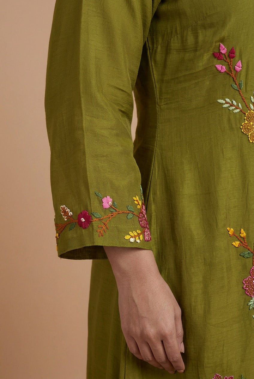 Mehendi Green Mul Chanderi Set