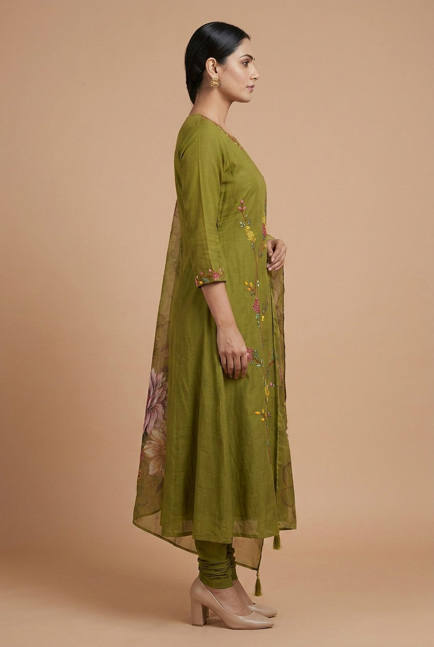 Mehendi Green Mul Chanderi Set