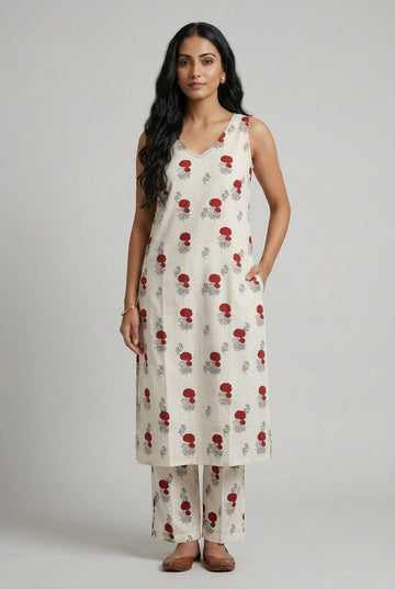 Scarlet Bloom Co -Ord Set Sleevless.  [Sleeves Attached]