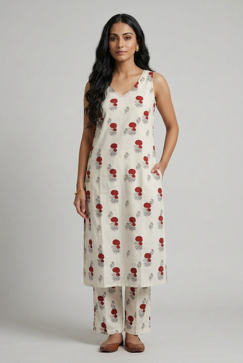 Scarlet Bloom Co -Ord Set Sleevless.  [Sleeves Attached]