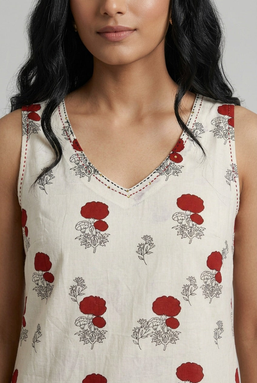 Scarlet Bloom Co -Ord Set Sleevless.  [Sleeves Attached]