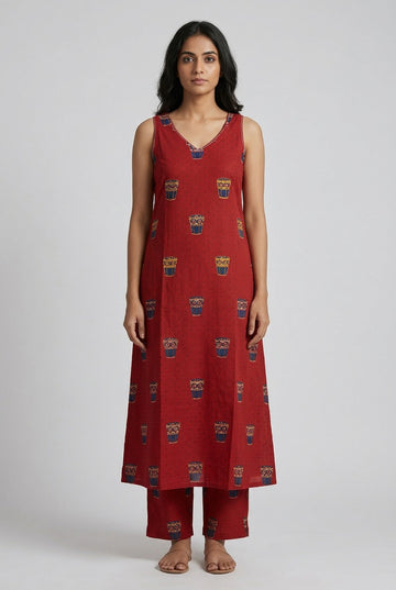 Matka Brick Red Cotton Co Ord Set Sleevless