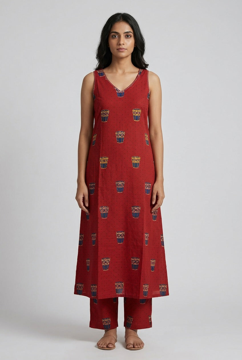 Matka Brick Red Cotton Co Ord Set Sleevless
