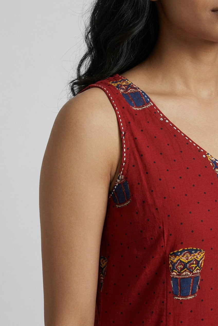 Matka Brick Red Cotton Co Ord Set Sleevless