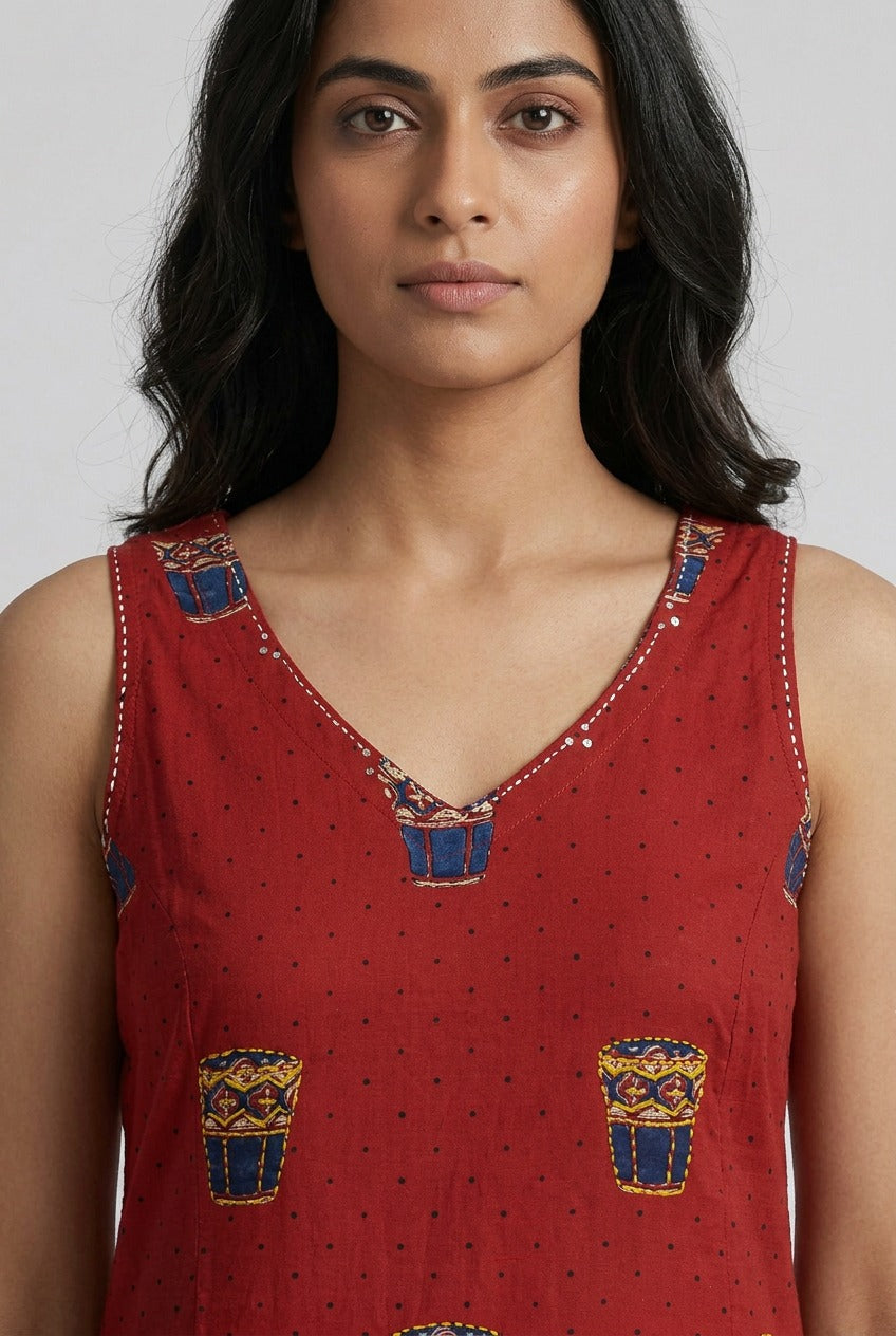Matka Brick Red Cotton Co Ord Set Sleevless